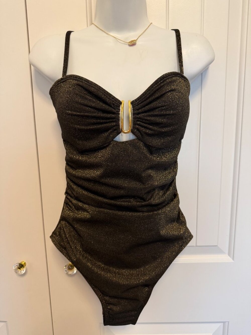Eomenie One Piece Swimsuit, Cutout U Wire, Black with Gold shimmer, Medium - Picture 6 of 8
